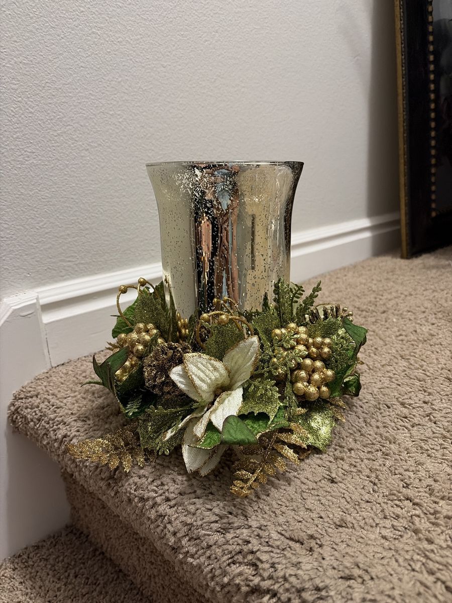 New Mercury Glass Candle Hurricane Holder with Festive Holiday Floral Wreath Base