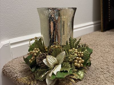 New Mercury Glass Candle Hurricane Holder with Festive Holiday Floral Wreath Base