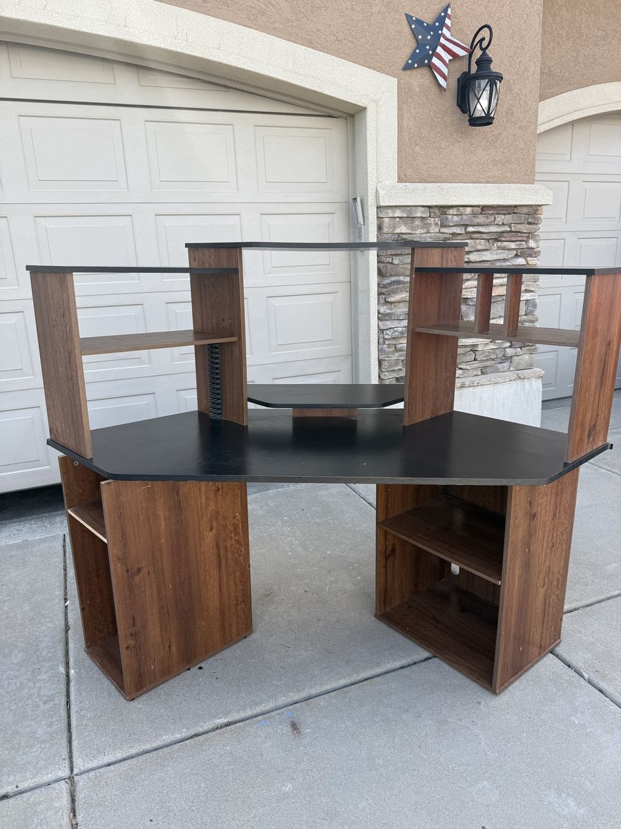 Wood and Black Corner Computer Desk with Shelving & Storage