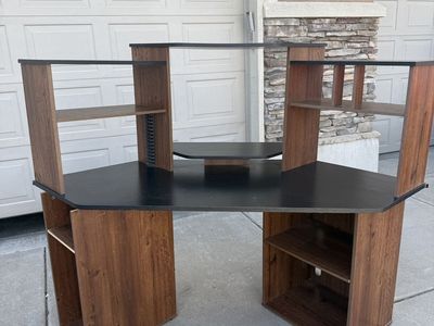 Wood and Black Corner Computer Desk with Shelving & Storage
