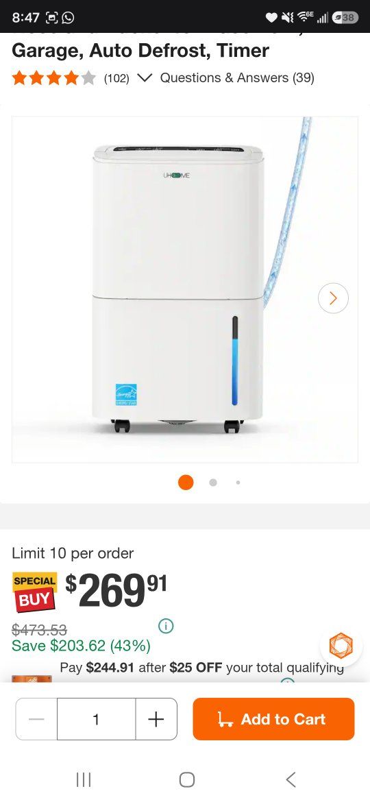Shinco Energy Star Rated Dehumidifier with Pump - Auto Defrost & Timer, White, New