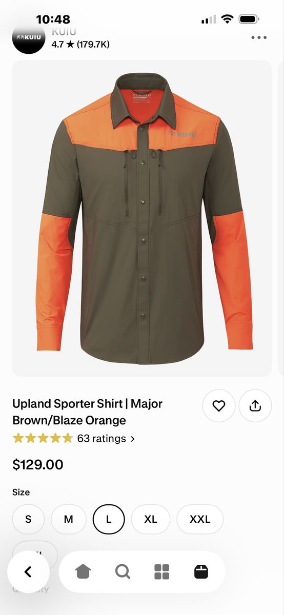 KUIU Upland Sporter Shirt - Men's Size L, Major Brown/Blaze Orange, Long Sleeve