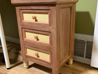 Bedside Table - solid wood: refinished with paper collages interior drawers.