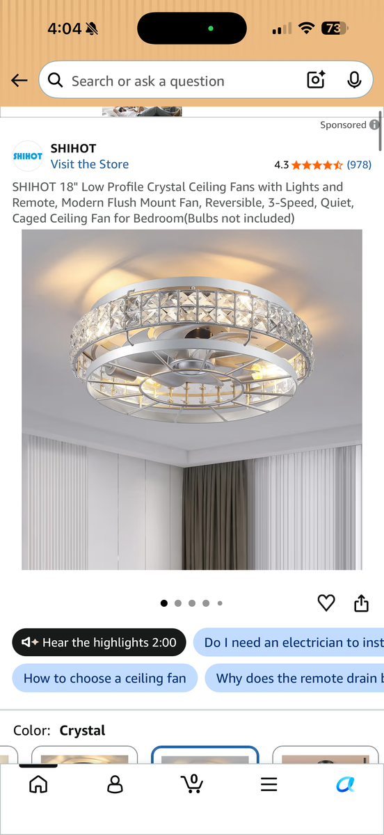 SHIHOT 18" Low Profile Crystal Ceiling Fan — new