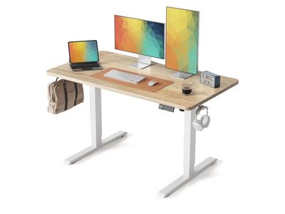 White & Wood Grain Electric Standing Desk with Adjustable Height & Cable Management