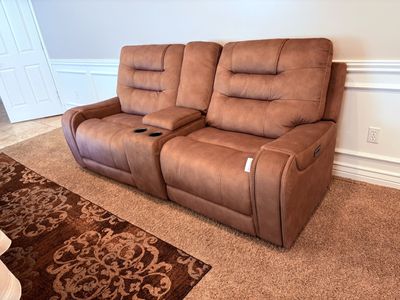 New Power Reclining Loveseat with Center Console - Brown Fabric
