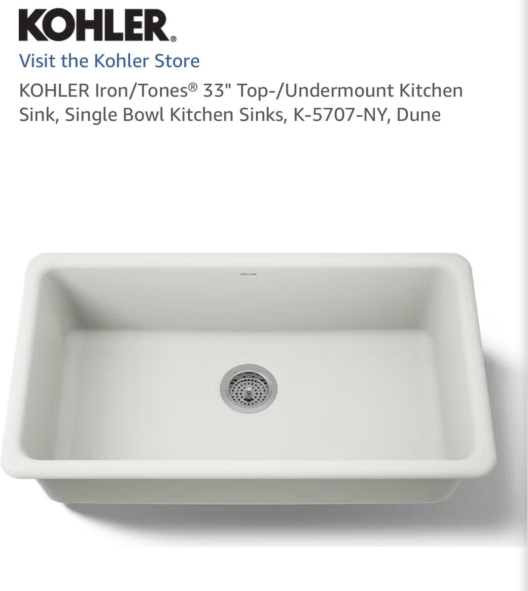 KOHLER Iron/Tones 33" K-5707-NY Single Bowl Kitchen Sink - Dune, Top-Mount/Undermount