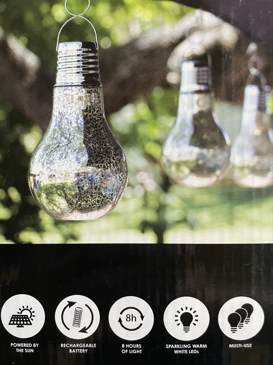 Mercury Glass Solar Powered Light Bulbs - 6 Bulbs, 12ft Rope, Rechargeable, Warm White LEDs