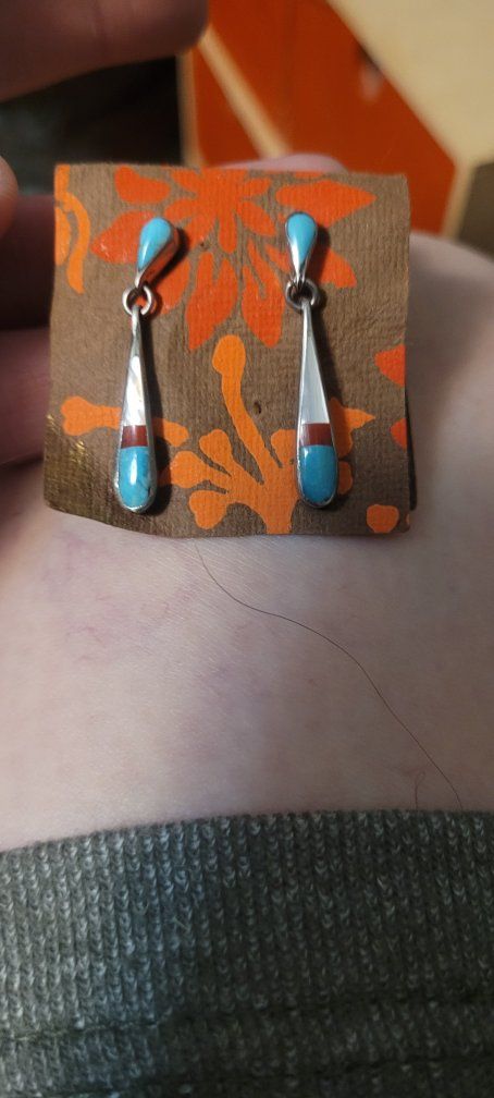 Turquoise & Coral Sterling Silver Teardrop Inlay Dangle Earrings(Zuni imdian)