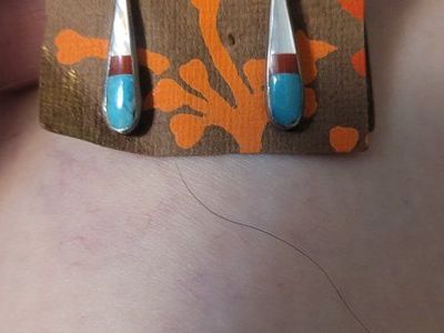 Turquoise & Coral Sterling Silver Teardrop Inlay Dangle Earrings(Zuni imdian)