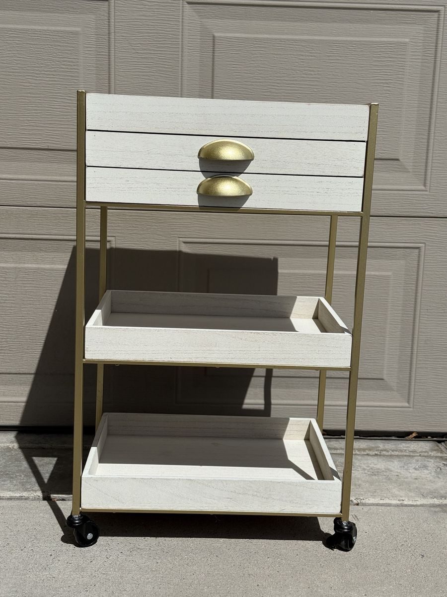Gold & White Rolling Storage Cart with 2 Shelves & 1 Organizer Drawer