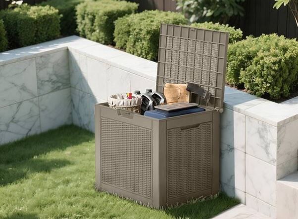 NEW! Outdoor Storage Deck Box 31 Gallon, Rattan Design Resin w/Lockable Lid, Gray or Black