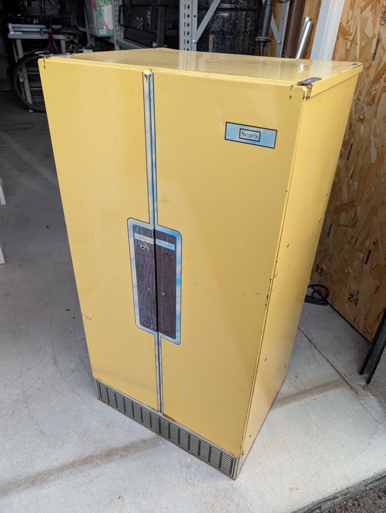 Vintage Sears Select-O-Cube Child's Play Refrigerator, Yellow with great graphics!