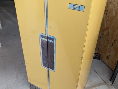 Vintage Sears Select-O-Cube Child's Play Refrigerator, Yellow with great graphics!