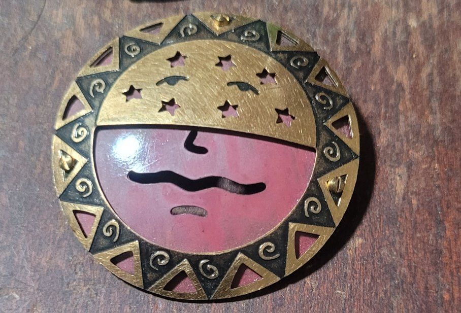 Vintage Celestial Sun & Moon Face Metal Brooch Pin