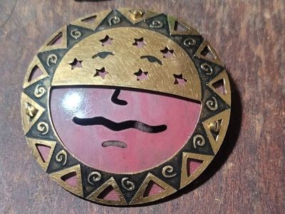 Vintage Celestial Sun & Moon Face Metal Brooch Pin
