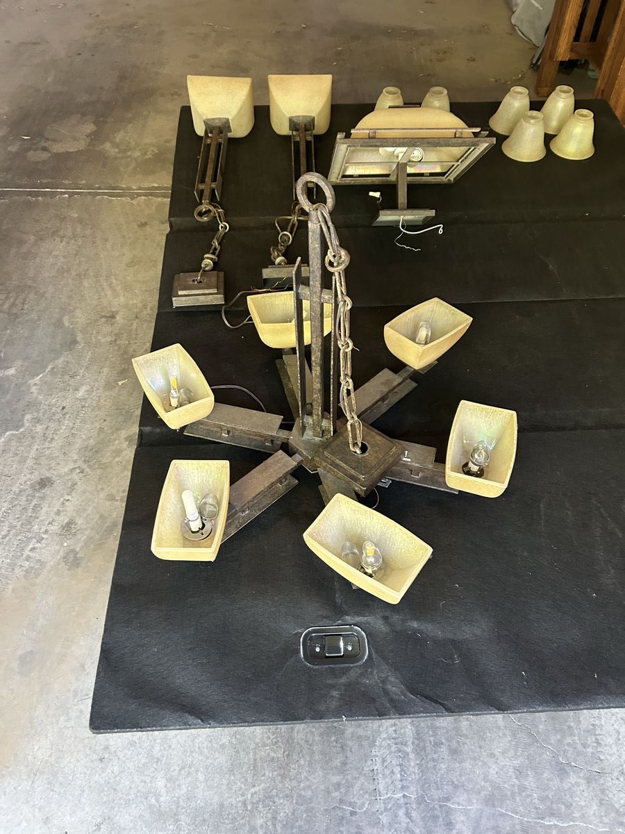 Rustic Metal and Amber Glass Chandelier & Matching Pendant Light Fixtures Set