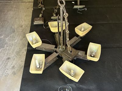 Rustic Metal and Amber Glass Chandelier & Matching Pendant Light Fixtures Set