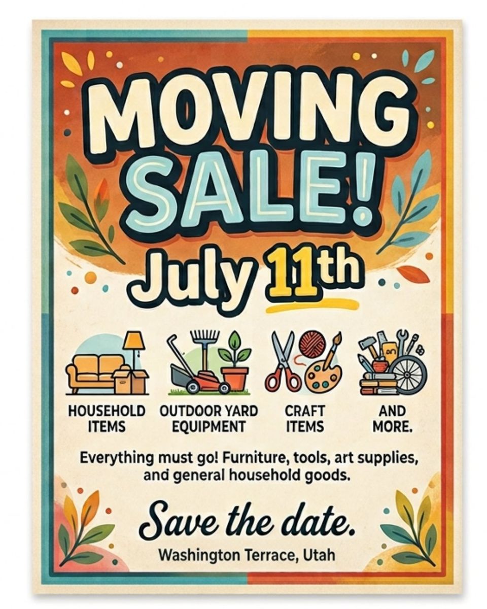 Moving Sale - July 11th in Washington Terrace, Utah - Household, Yard, Craft Items, antiques, collectibles and more.