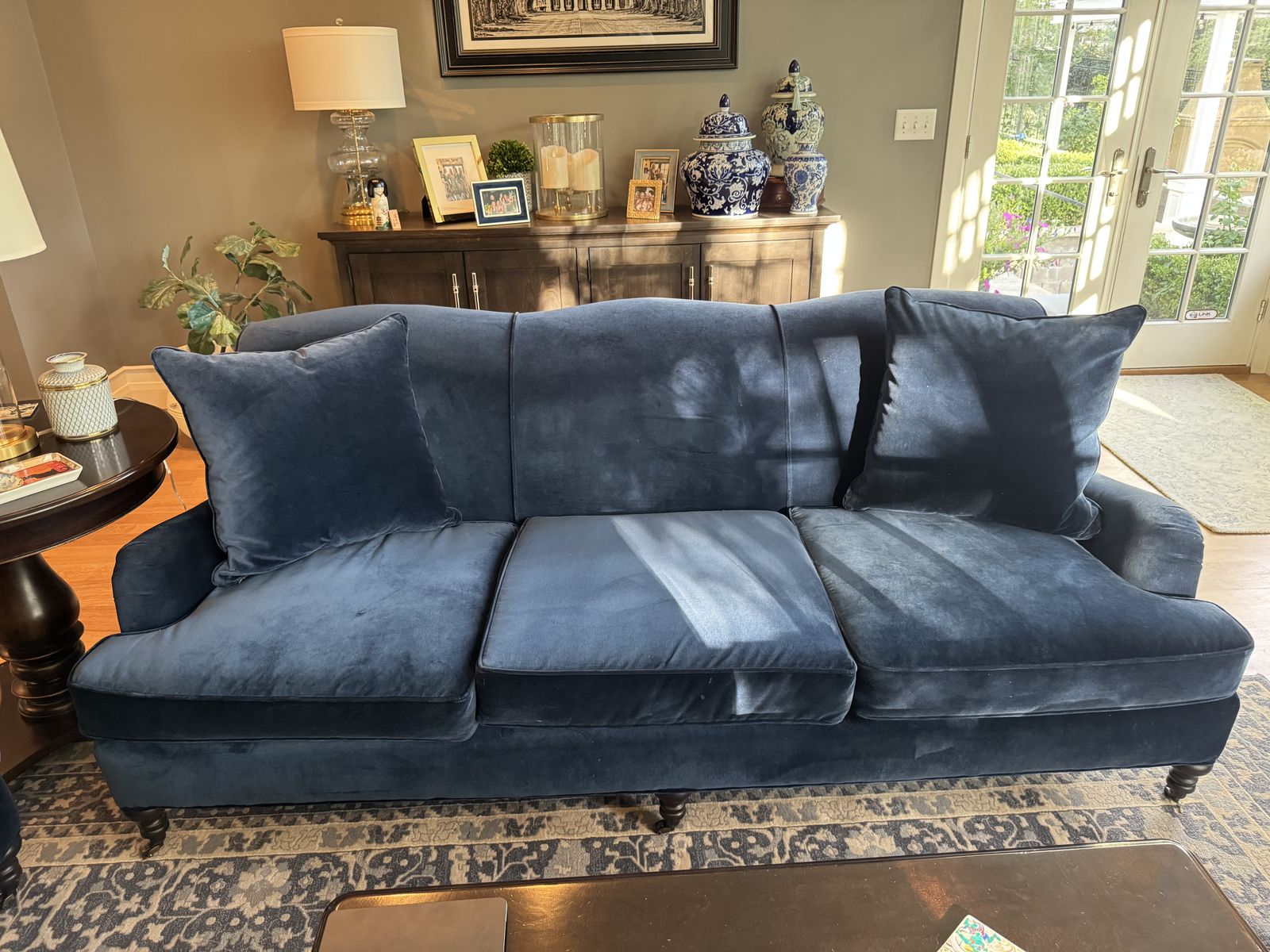 Williams Sonoma Hone Navy velvet wingback couch EUC