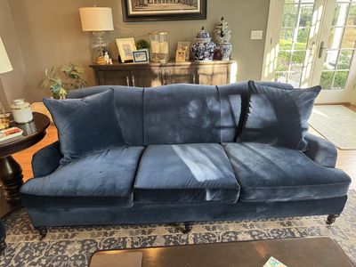 Williams Sonoma Hone Navy velvet wingback couch EUC