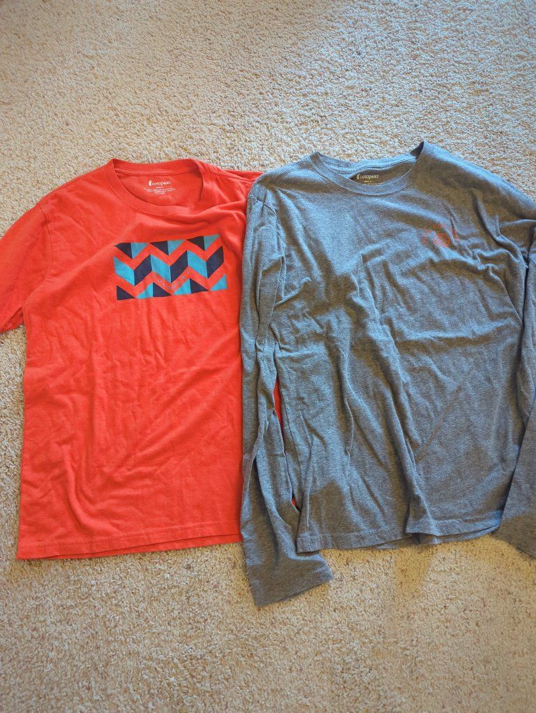 Cotopaxi Men's Medium T-Shirt Bundle: Orange Graphic Tee & Grey Long Sleeve - 60% Cotton, 40% Recycled Poly