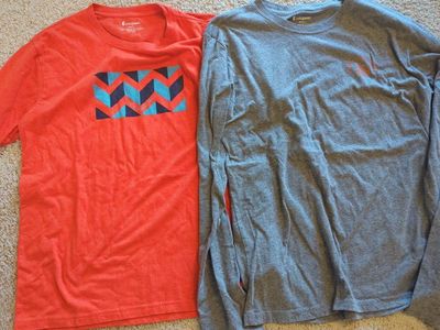 Cotopaxi Men's Medium T-Shirt Bundle: Orange Graphic Tee & Grey Long Sleeve - 60% Cotton, 40% Recycled Poly