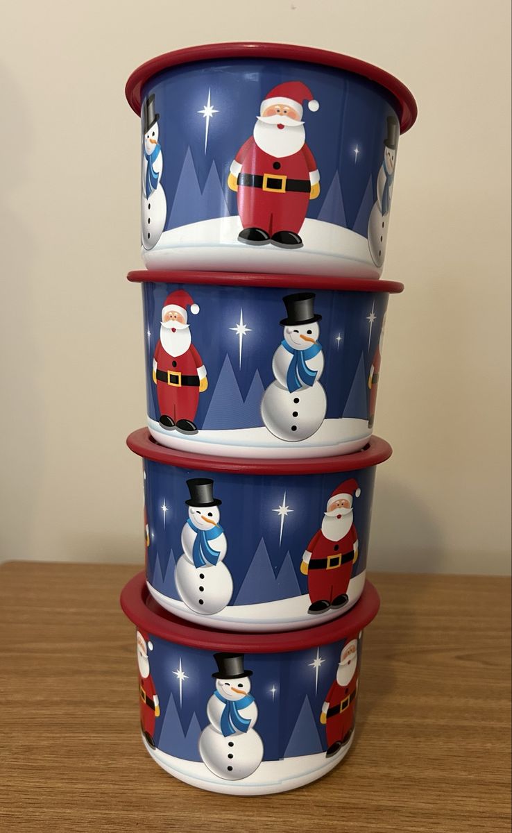 Tupperware Christmas Holiday Stacking Bowls - Set of 4, Santa & Snowman Design