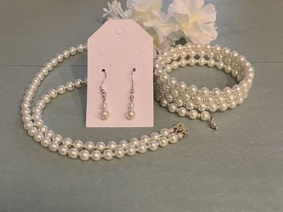 Handmade Beaded Pearl Necklace, Earrings and Coil Bracelet Set