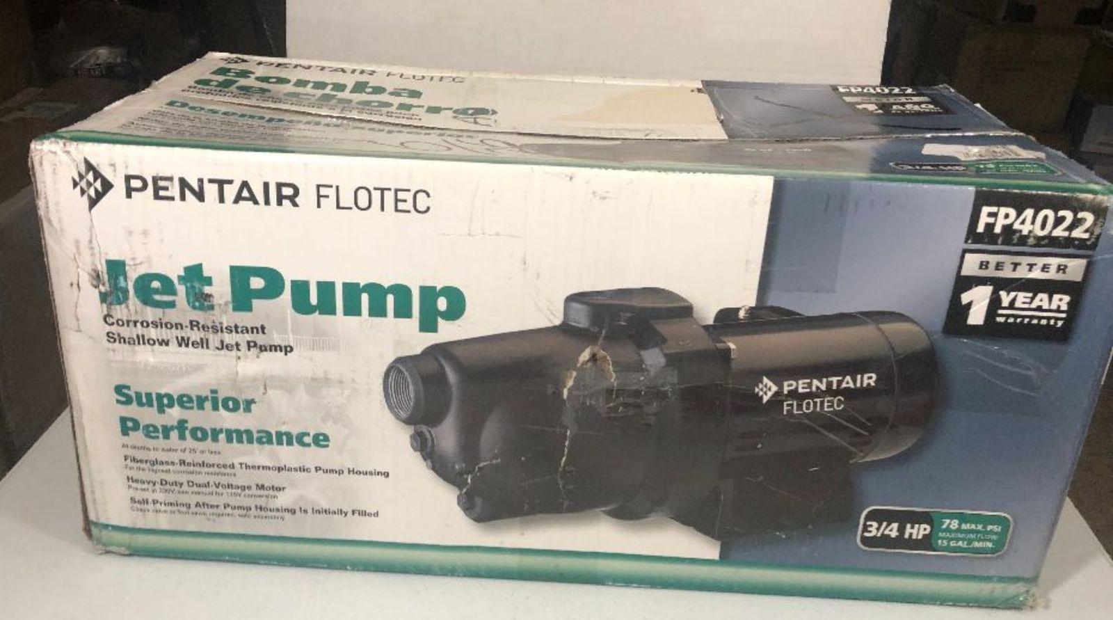 Pentair Flotec FP4022 Shallow Well Jet Pump - 3/4 HP, 78 Max PSI - New in Box