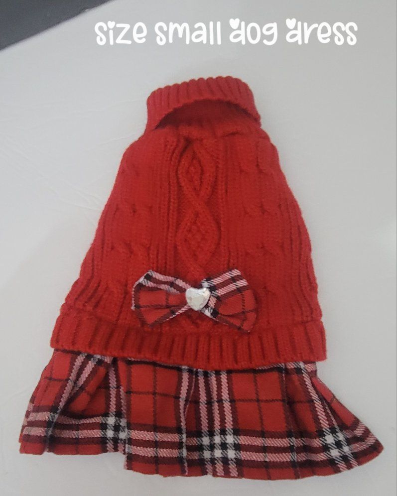 Red Cable Knit Dog Dress with Plaid Skirt and Bow Size Small