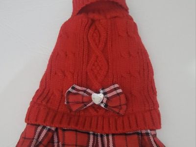 Red Cable Knit Dog Dress with Plaid Skirt and Bow Size Small