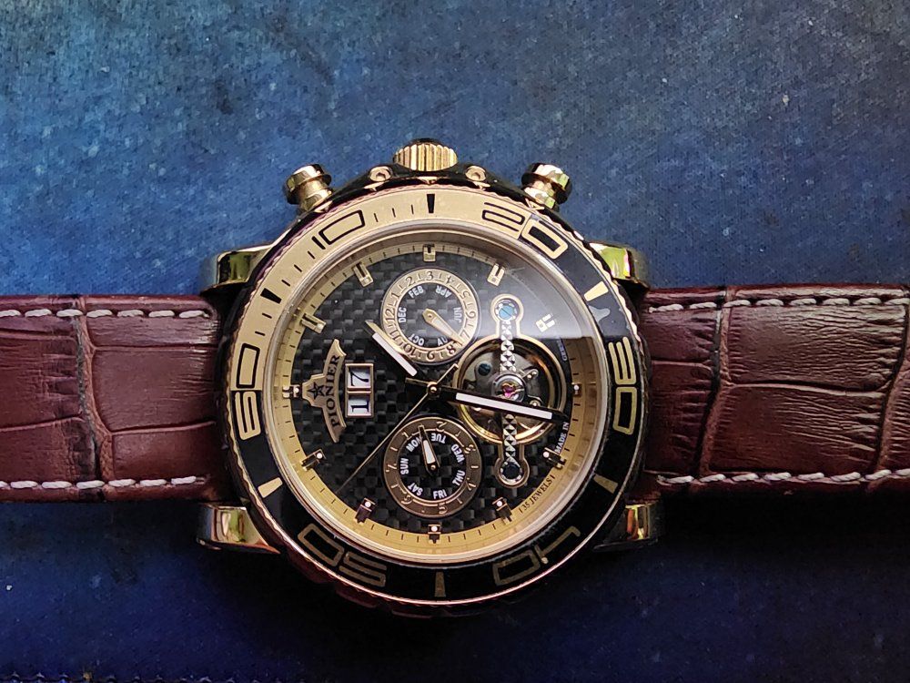 Pionier Automatic Watch with Gold Tone Case and Brown Leather Strap hand made in Germany.