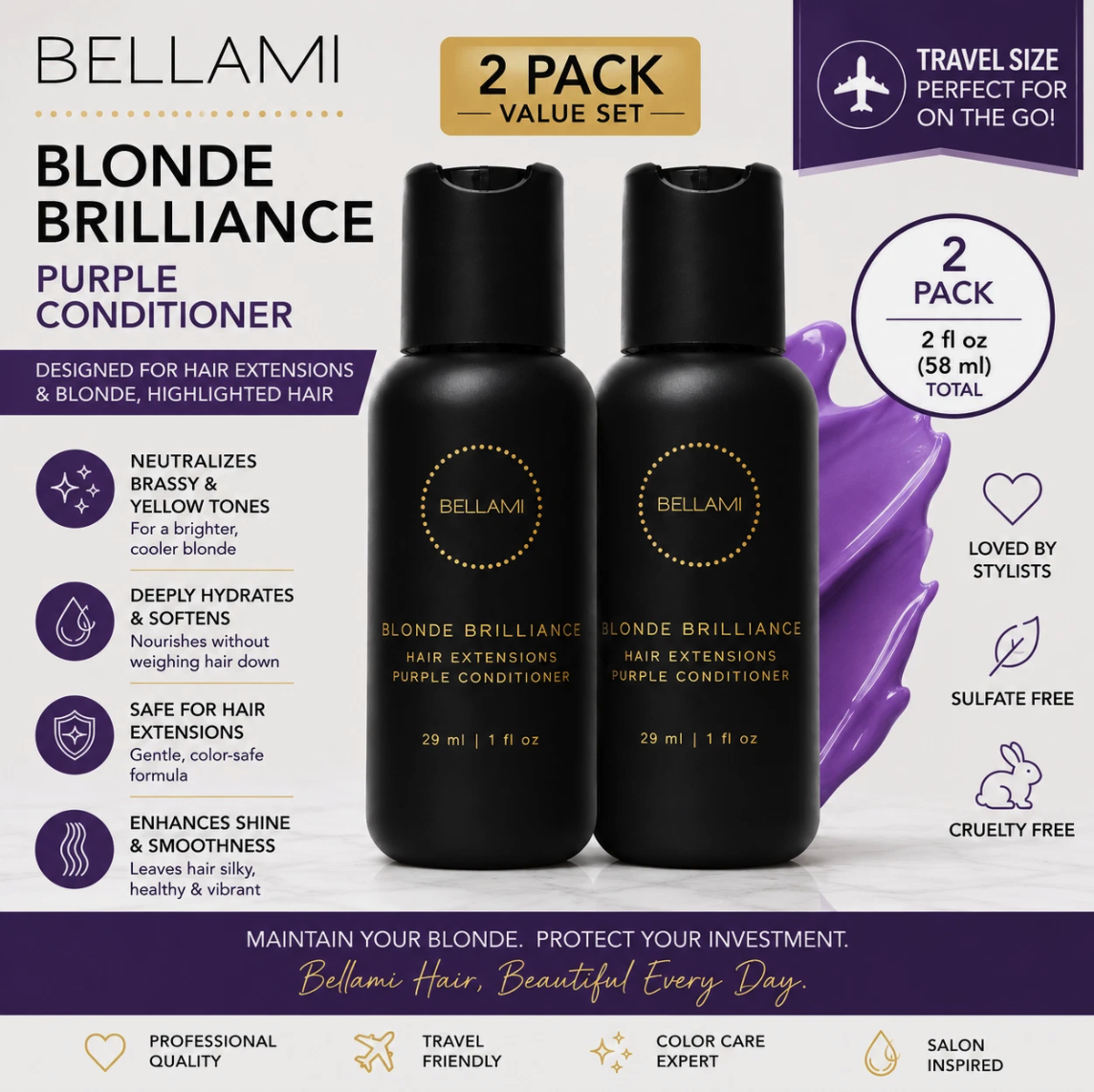 Bellami Blonde Brilliance Purple Conditioner 2-Pack Travel Size 1oz Extensions