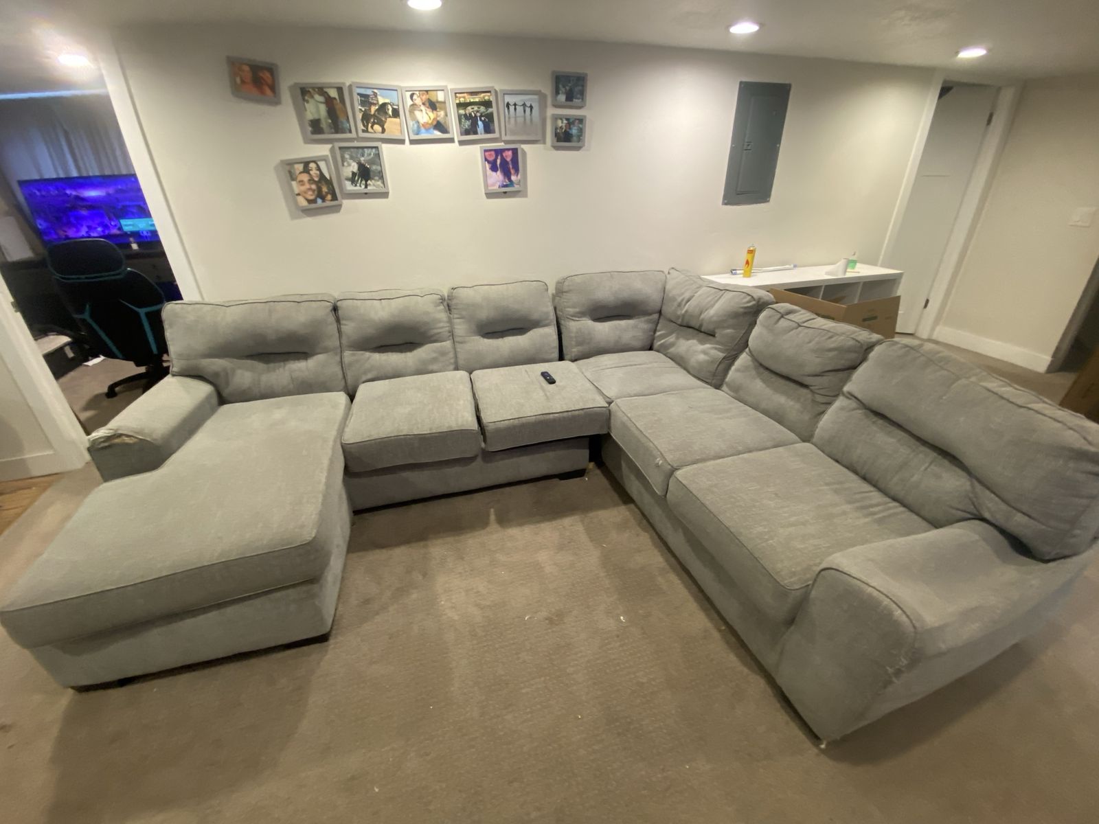 Spacious Grey Sectional Sofa with Reclining Features & Ottoman - Great for Living Room