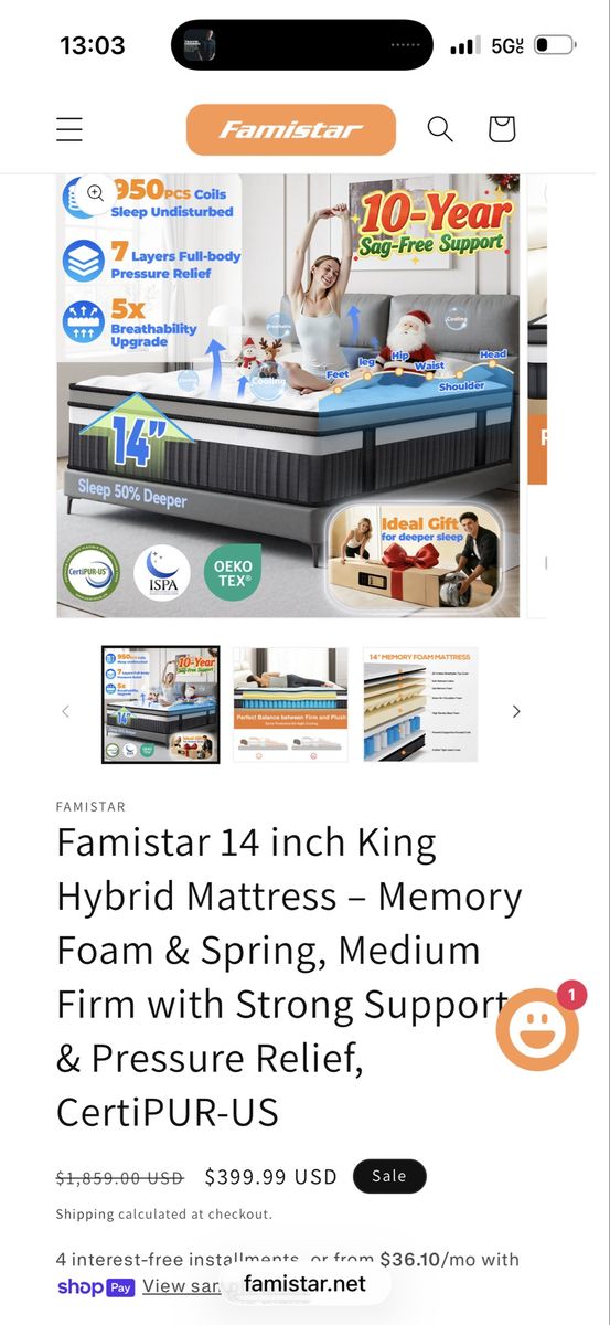 Famistar 14-inch King Hybrid Mattress - Memory Foam & Spring, Medium Firm, CertiPUR-US