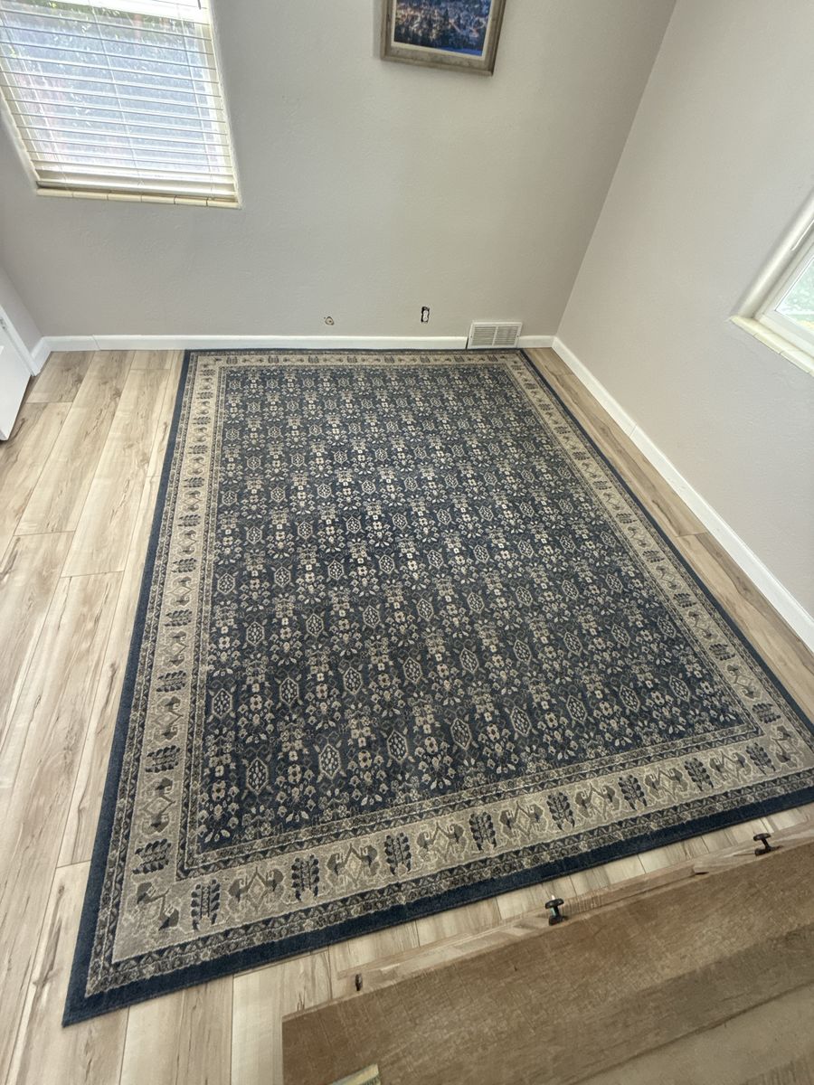 Large Area Rug - Navy Blue & Beige Geometric Pattern, 8' x 10' (Approximate Size)