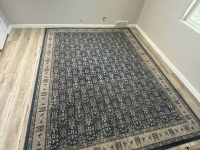 Large Area Rug - Navy Blue & Beige Geometric Pattern, 8' x 10' (Approximate Size)