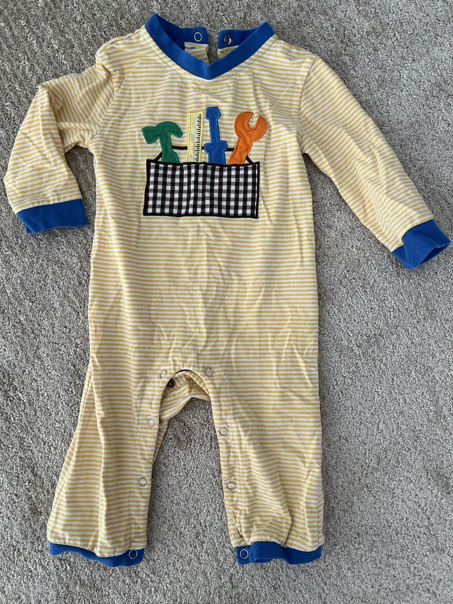 Trotter St Kids Baby Boy's 9M Yellow Striped Tool Graphic Long-Sleeve Romper with Snaps