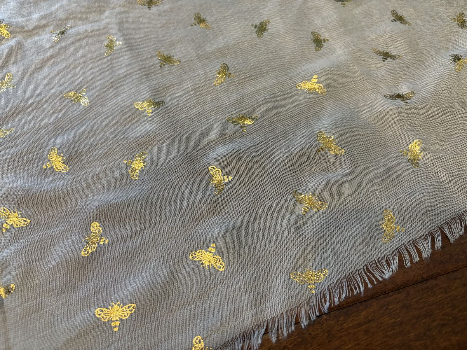New Gray Scarf w/ Gold Bees but has a small snag