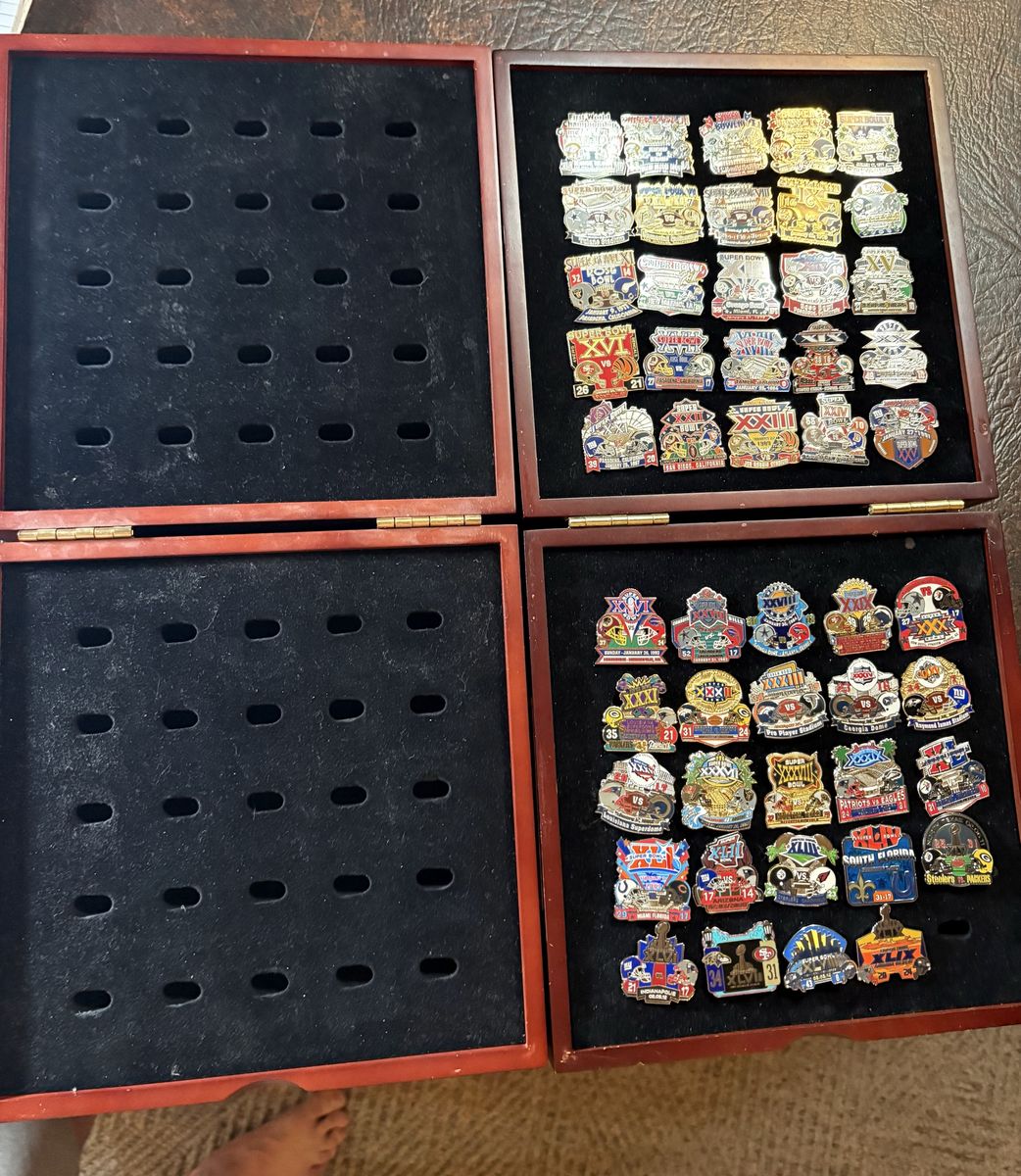 Super Bowl Pin Collection with Wooden Display Case - Commemorative NFL Collector Pins. Sets sell for $300 online