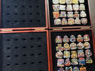 Super Bowl Pin Collection with Wooden Display Case - Commemorative NFL Collector Pins. Sets sell for $300 online
