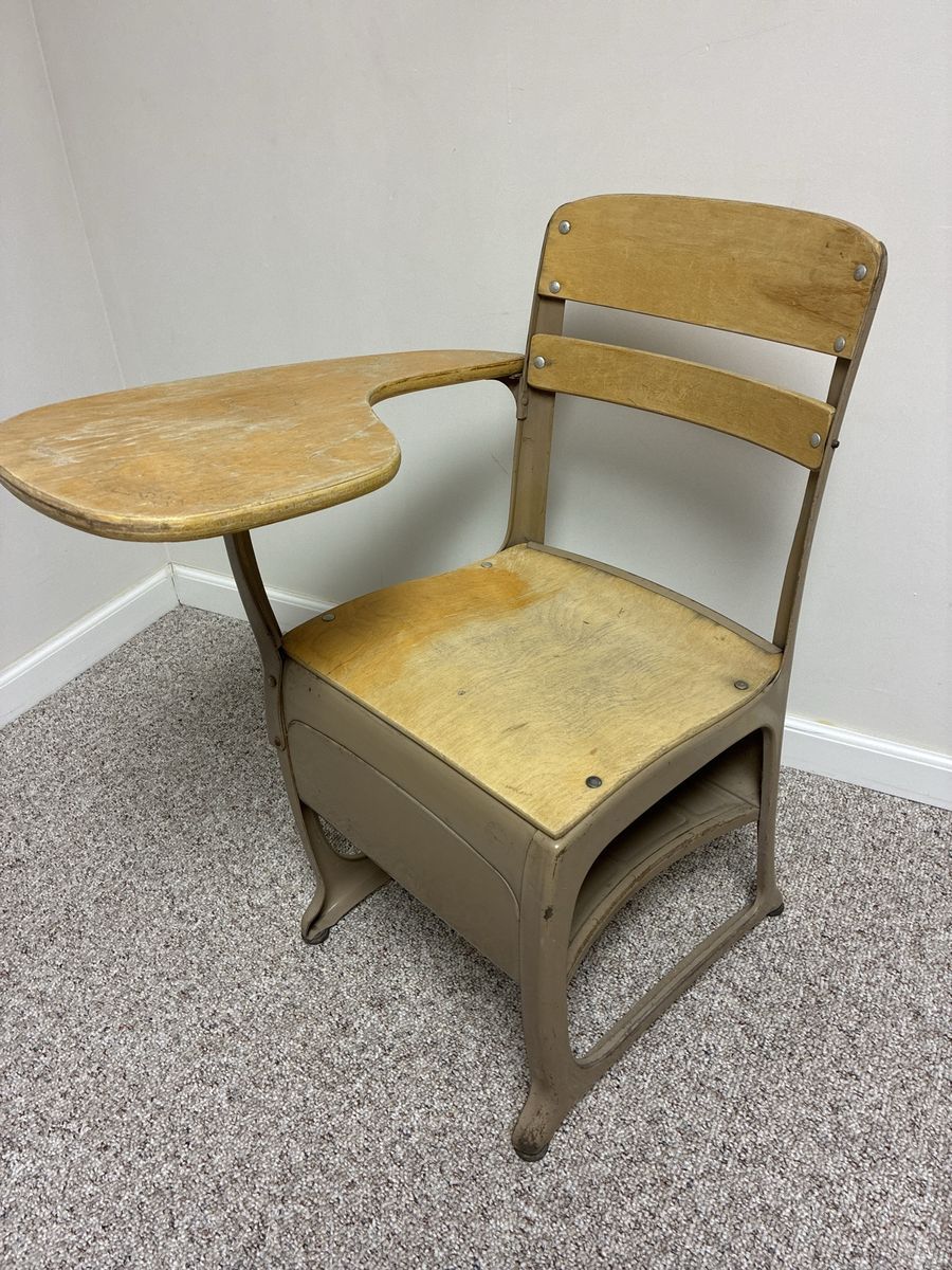 Vintage School Desk and Chair Combo with Wooden Seat and Built-in Storage