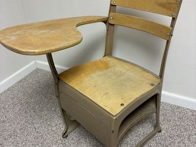 Vintage School Desk and Chair Combo with Wooden Seat and Built-in Storage