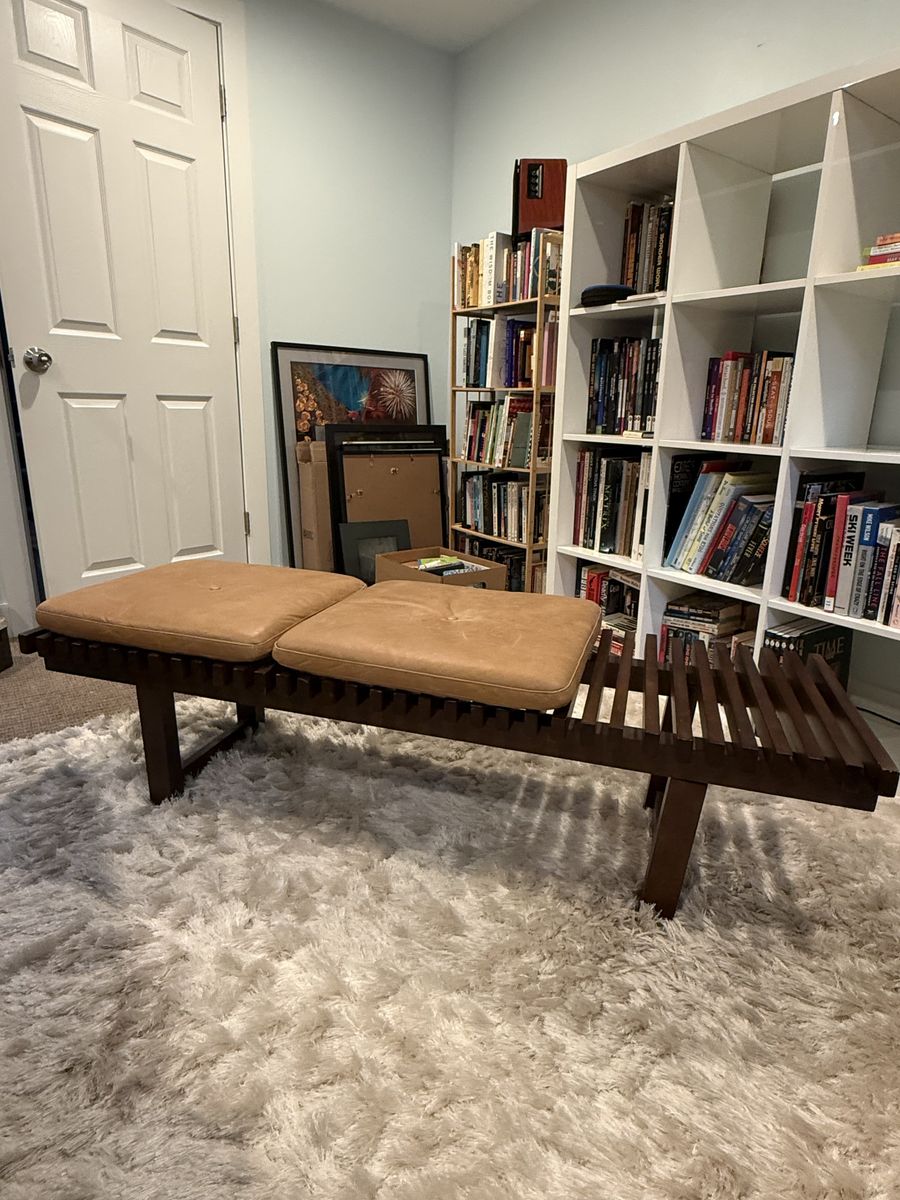 Mid Century Modern style Wood and Leather Bench - 59"