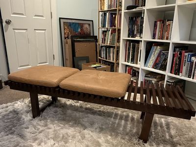 Mid Century Modern style Wood and Leather Bench - 59"