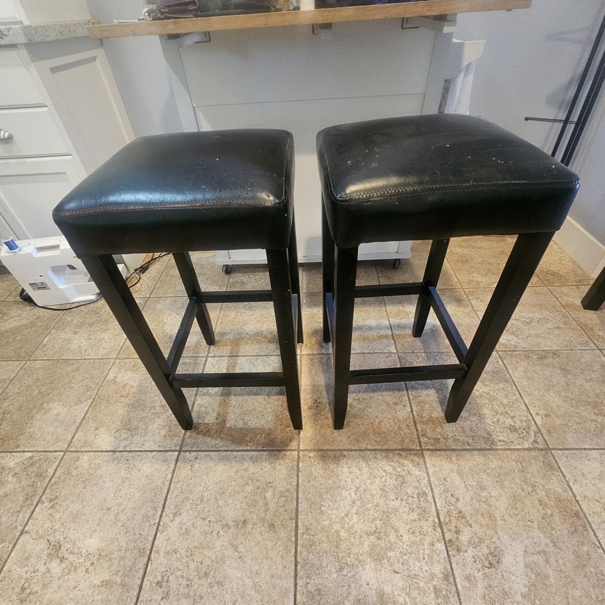 Pair of Black Upholstered Wood Bar Stools - Used Kitchen Counter Height Chairs