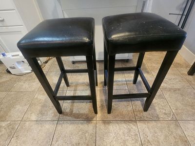 Pair of Black Upholstered Wood Bar Stools - Used Kitchen Counter Height Chairs