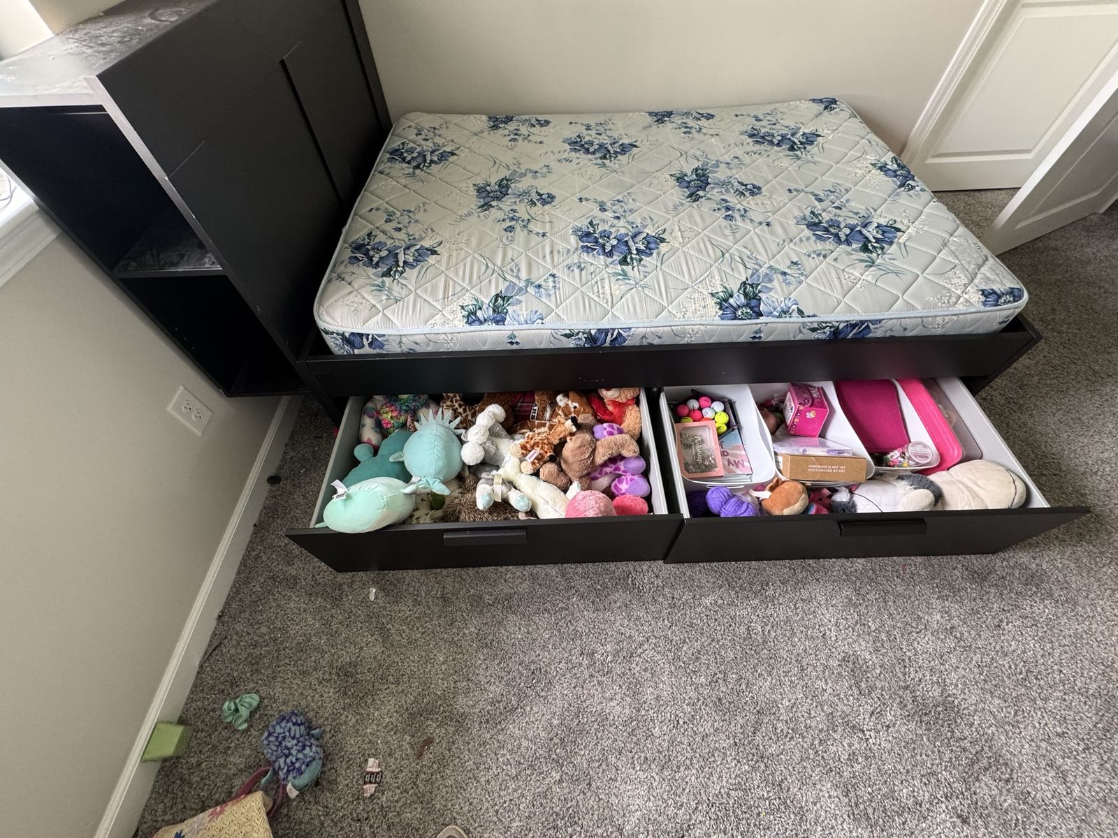 Black Wooden Bed Frame with 4 Storage Drawers - No Mattress Included, Good Condition