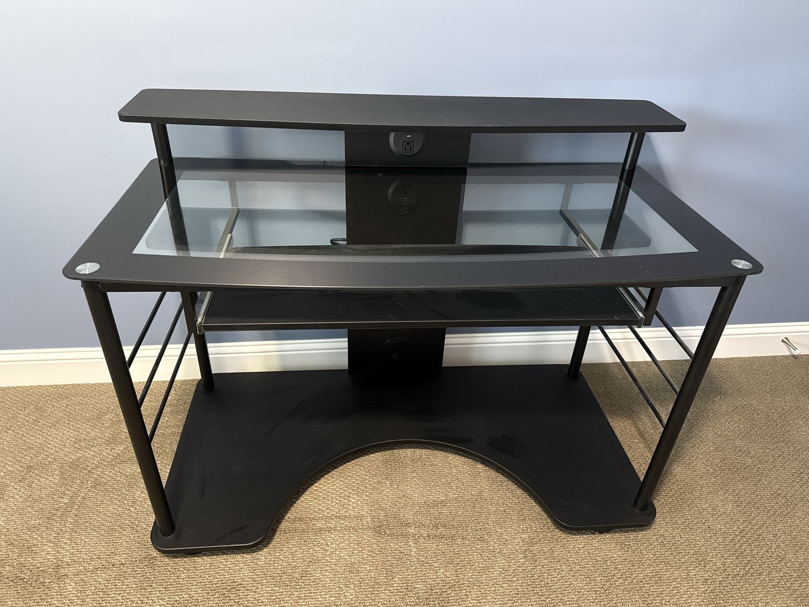 Black Glass-Top Computer Desk with Pull-Out Keyboard Tray and Built-in Power Outlet/USB Ports
